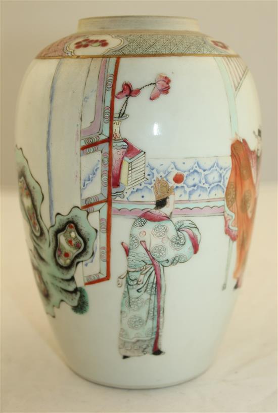 A Chinese famille rose ovoid jar, Qianlong four character mark, late 19th century, 19cm